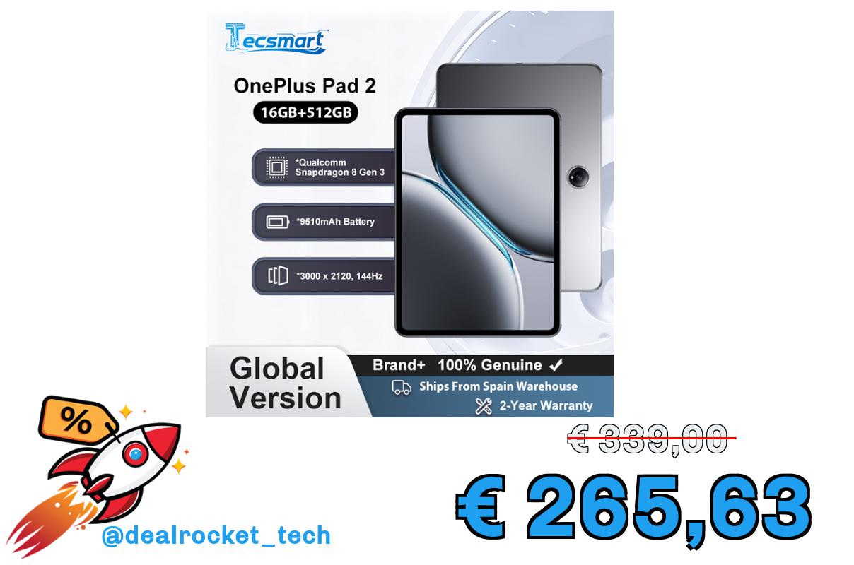 Tablet – OnePlus Pad 2, versione WiFi 16GB+512GB, chipset Snapdragon 8 Gen 3 Display 3K da 12,1 pollici Batteria 9510mAh 67W SUPERVOOC 13MP Fotocamera posteriore