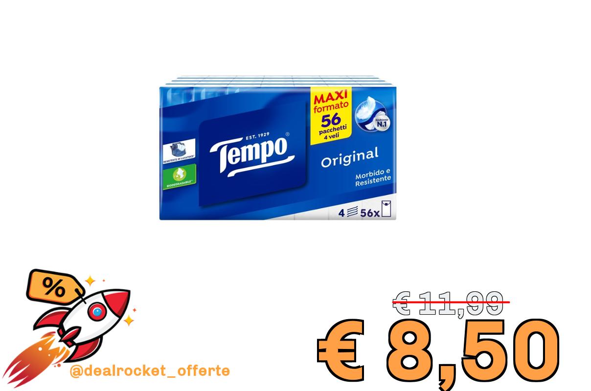 Tempo Pacchetti di Fazzoletti di Carta Tascabili Classic, 56 Pacchetti da 9 Fazzolettini Monouso, 4 Veli, Resistente in Lavatrice