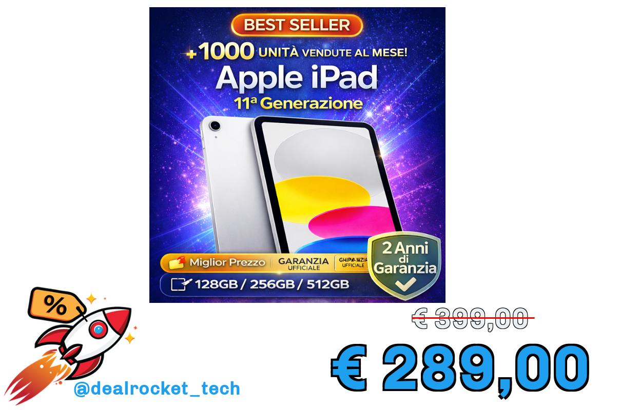Apple iPad 11ª Generazione 128GB/256GB/512GB, Schermo 11″ Wi Fi 6, Touch-ID, Chip A16