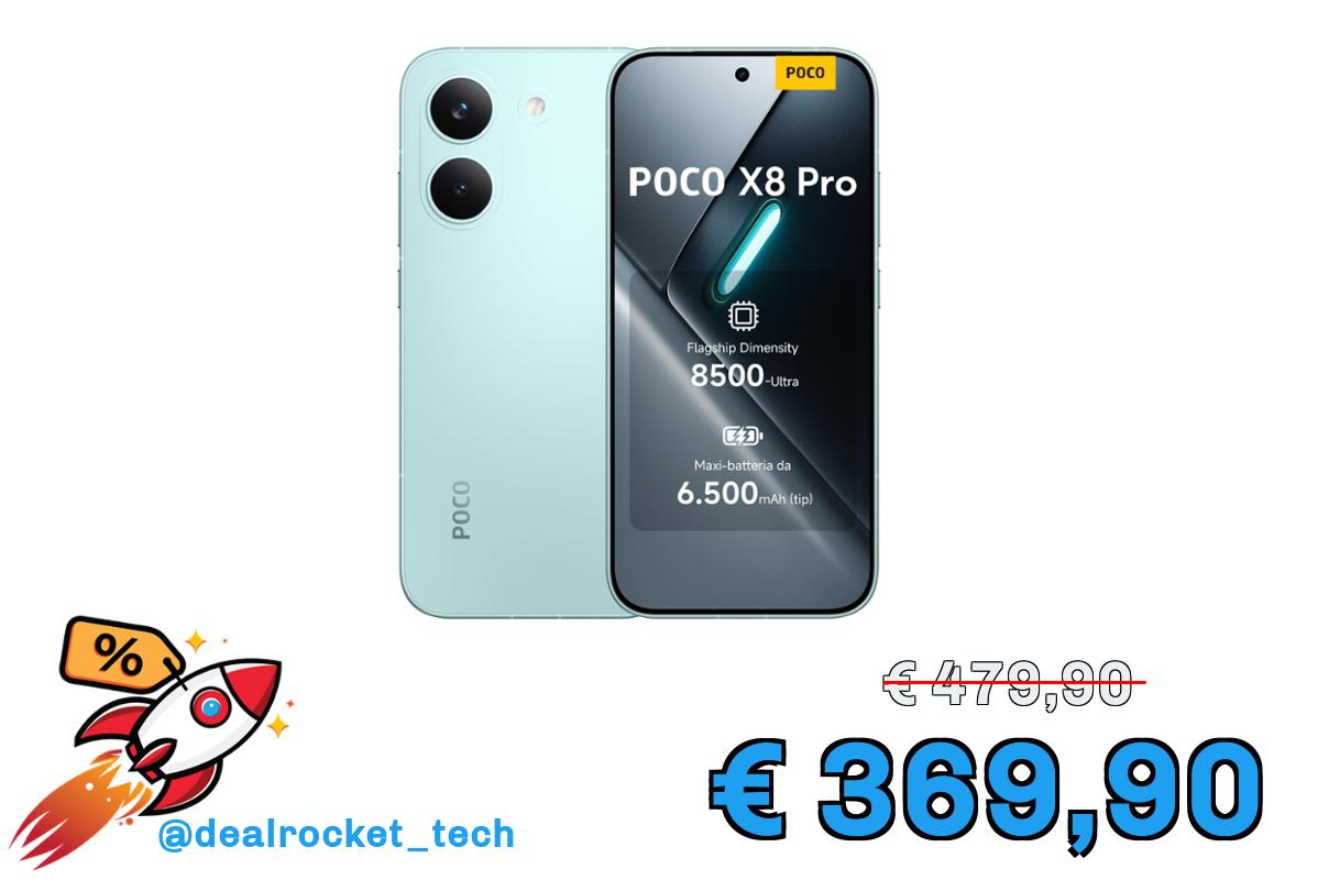 POCO X8 Pro, Smartphone 12+512GB, Dimensity 8500-Ultra, Batteria 6500mAh (typ), Display AMOLED ultra luminoso, Fotocamera 50MP con OIS, Verde, Garanzia 2 anni+1 anno extra, Caricatore non incluso