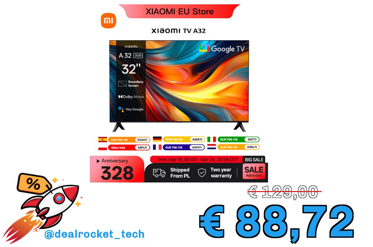 Xiaomi TV A 32, dimensioni compatte con schermo colorato, suono dinamico con audio Dolby ™ , DTS-X e DTS Virtuale:X, Fini metallici di fascia alta