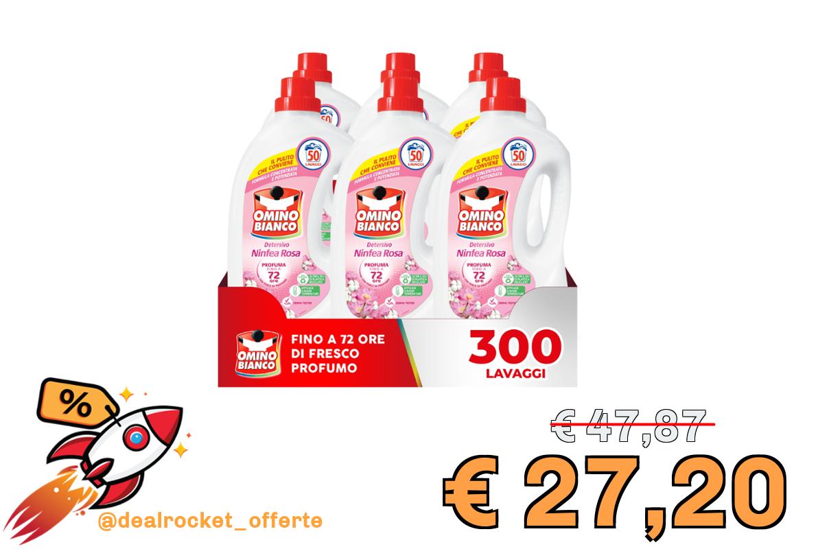 Omino Bianco - Detersivo Lavatrice Liquido, 300 Lavaggi, Rispetta Colori e Tessuti, Fresco Profumo di Ninfea Rosa, 2000 ml x 6 Confezioni
