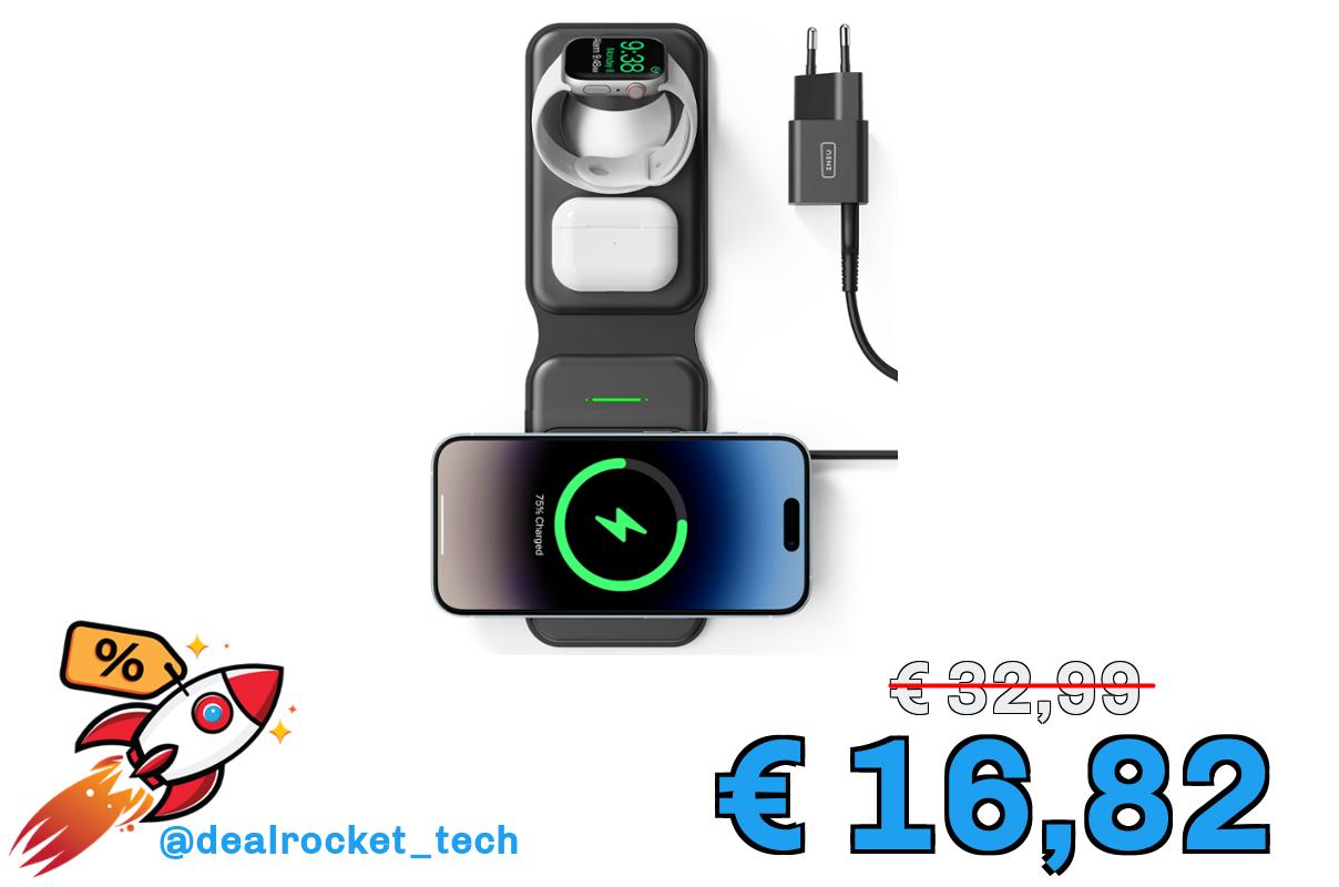INIU Caricatore Wireless iPhone, Magnetic 3 in 1 Base Ricarica Certificato Qi, Da viaggio Caricabatterie Wireless Universale per iPhone 16 15 14 13 12 Apple Watch 8 7 Ultra AirPods 4 3 Pro ecc.