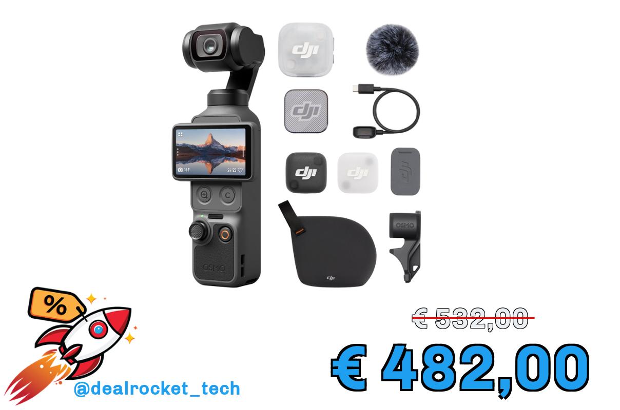 DJI Osmo Pocket 4 Combo Audio con trasmettitore per Mic Mini 2, fotocamera stabilizzata tascabile per vlog, CMOS da 1″ e 4K/240fps, stabilizzazione a 3 assi, zoom senza perdita 2×