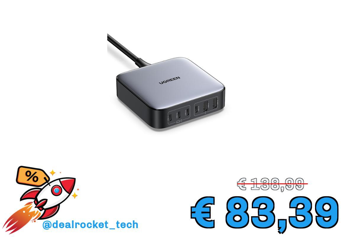 UGREEN Nexode 200W Caricabatterie Type C, Alimentatore 4X Chips con Porte 4 USB C e 2 A, Caricatore Multiplo Compatibile MacBook Pro/Air M3, iPhone 16, iPad, Galaxy S24 S23 S22, Tablet