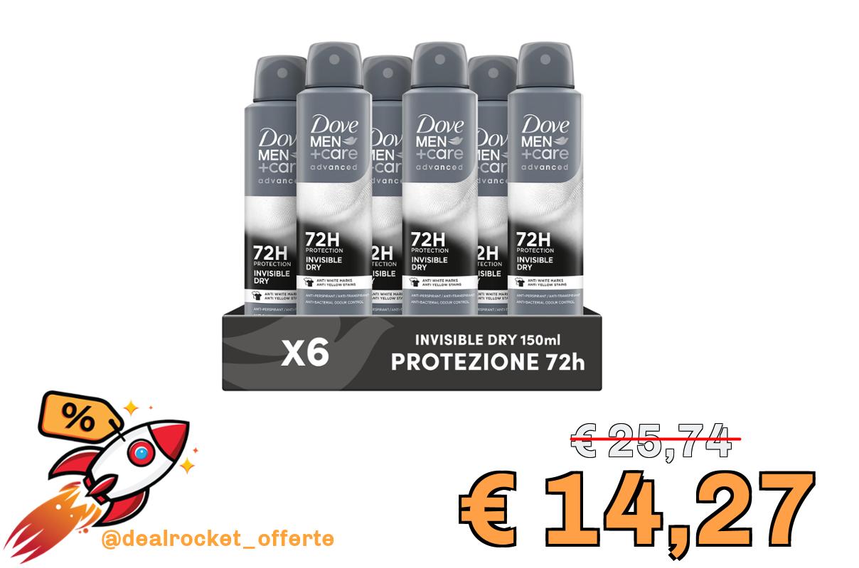 Dove Deodorante Dove Men + Care Invisible Dry Spray Advanced Care, Deodorante Uomo, con 1/4 Crema Idratante, Formula Idratante e Anti-Macchia, Protezione Fino a 72 Ore, 6 Pezzi da 150 ml