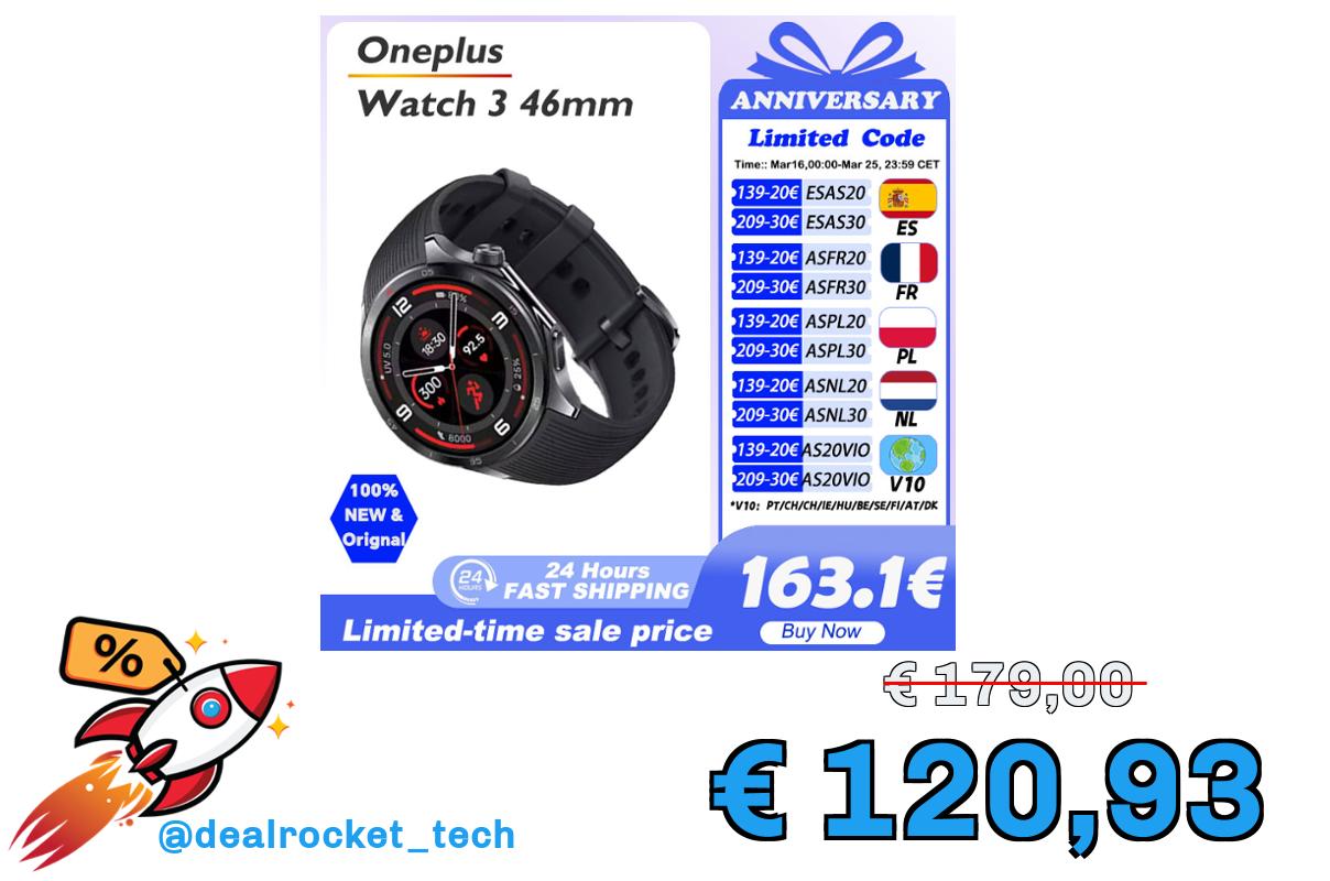 OnePlus Watch 3 Versione Globale, Smartwatch con Display AMOLED da 1,5 Pollici, Memoria da 32GB, Snapdragon W5, Wear OS by Google, IP68