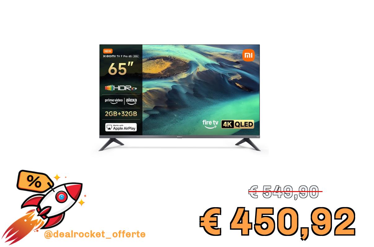 Xiaomi TV F Pro 65,65 pollici (165 cm),4K UHD QLED,Smart TV, Fire TV, Triple Tuner DVB-C/S/S2/T/T2, HDR10+, 60Hz con 120Hz Game Boost Mode, MEMC,Controllo Vocale Alexa,2GB+32GB,Compatibile con AirPlay