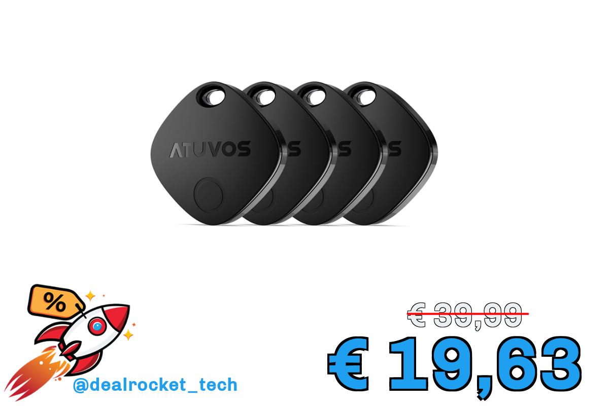 ATUVOS Air Tag Smart Tracker 4 pezzi Nero, Bluetooth Trova oggetti Compatibile con Apple Dov'è (solo iOS, Android non supportato), Localizzatore Chiavi per Borse, Bagagli, Zaini, Batteria Sostituibile
