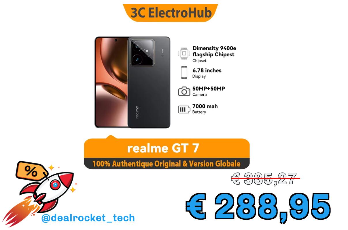 realme GT 7 UE – Dimensity 9400e, Display 6.78″ 120Hz, Batteria 7000mAh 120W, Fotocamera 50MP 2X, IP69