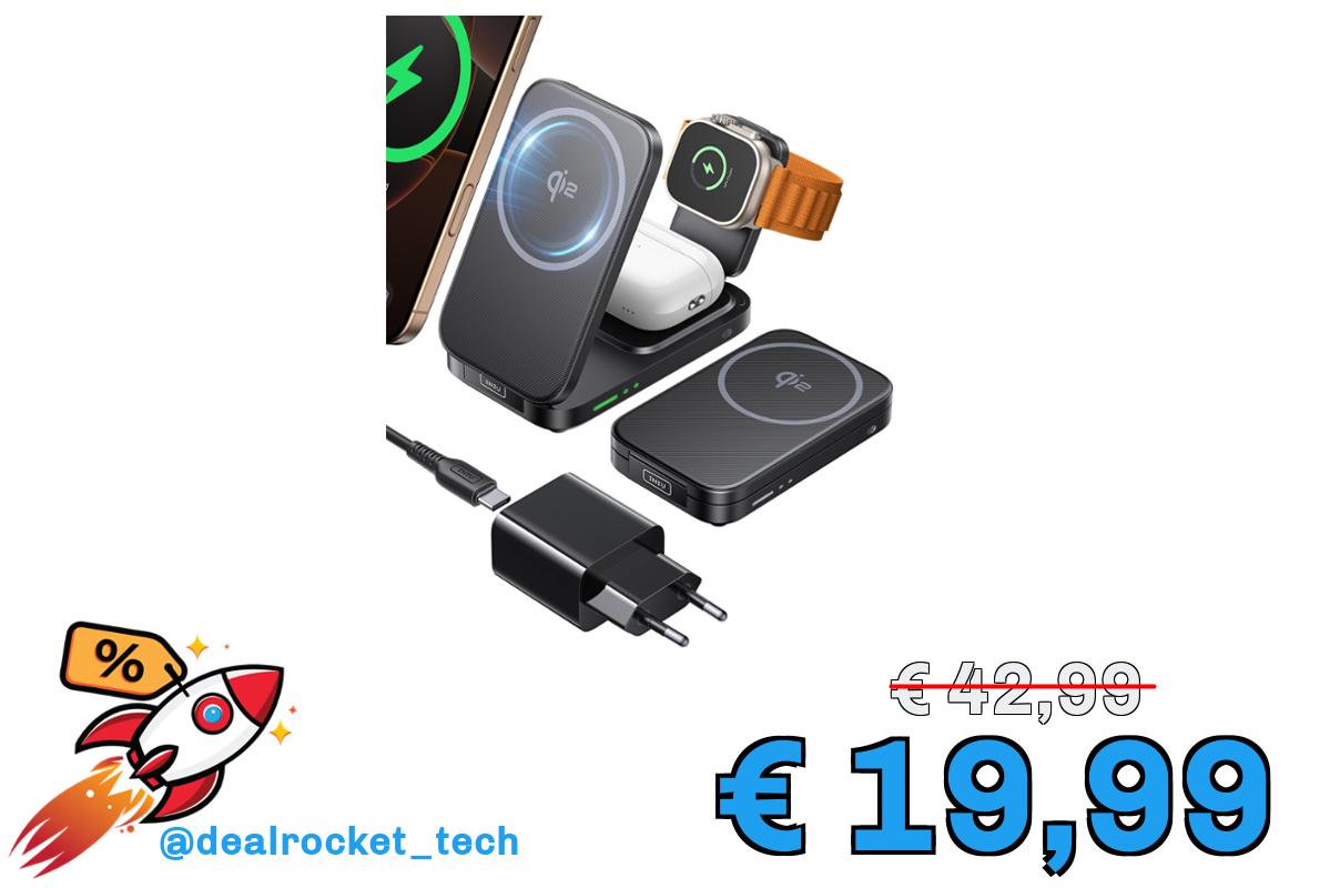 INIU Caricatore Wireless 3 in 1, 15W Certificato Qi2 Stazione di Ricarica Magnetica Pieghevole da Viaggio, Caricabatterie con MagSafe per iPhone 17/16/15/14/13/12 Serie, Apple Watch, AirPods Pro/4/3/2