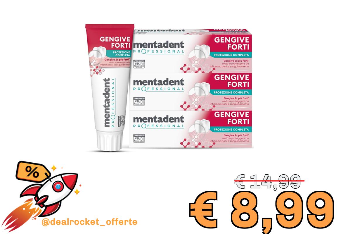 Mentadent Dentifricio Gengive Forti Protezione Completa, Per Gengive Delicate, Aiuta a Proteggere da Infiammazioni e Sanguinamento, Igiene Orale Quotidiana, Cofanetto 3x75 ml con Pochette Omaggio