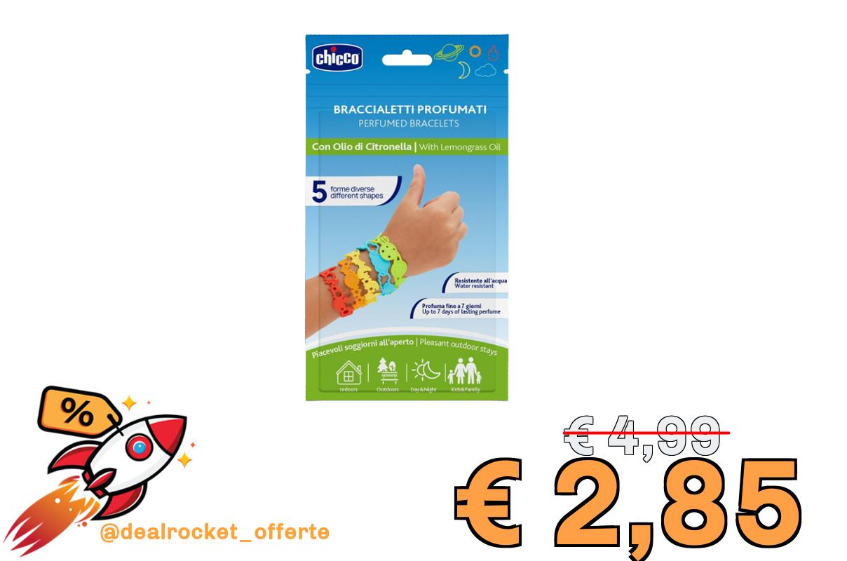Chicco Braccialetti Profumati alla Citronella per Bambini e Adulti, Colorati e Divertenti, Ideali per Polsi e Caviglie, Fragranza Naturale di Origine Vegetale, Confezione Multipack da 5 Pezzi