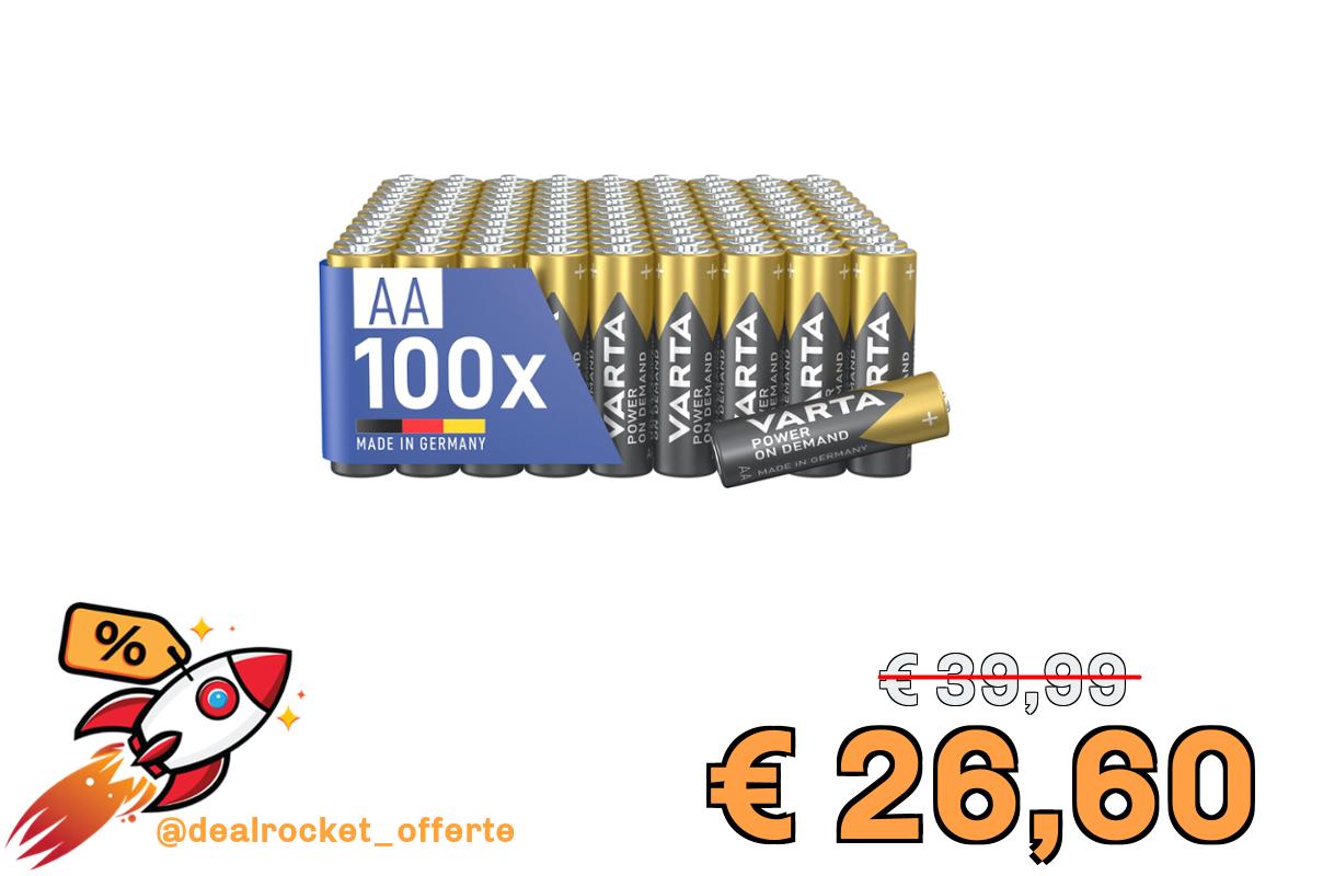 VARTA Pile AA, confezione da 100, Power on Demand, Alcaline, 1,5V, confezione in imballaggio ecologico, per accessori computer, dispositivi Smart Home, Made in Germany [Esclusivo su Amazon]