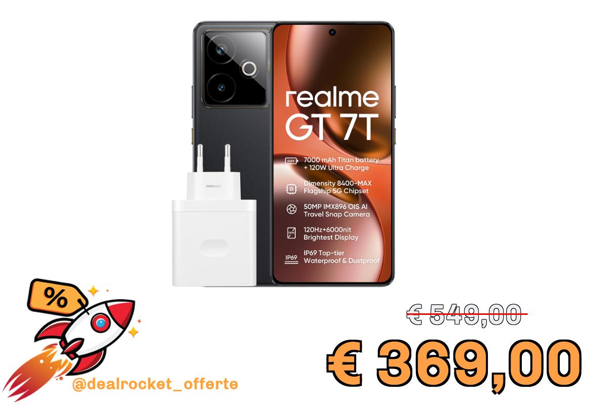 realme GT 7T smartphone 12+256 GB, Processore Dimensity 8400-MAX, Batteria Titanica da 7.000 mAh, 120 W Ultra Charge, Raffreddamento Totale a 360°, Display Pro-Esports da 6.000 nit, IP69, Black