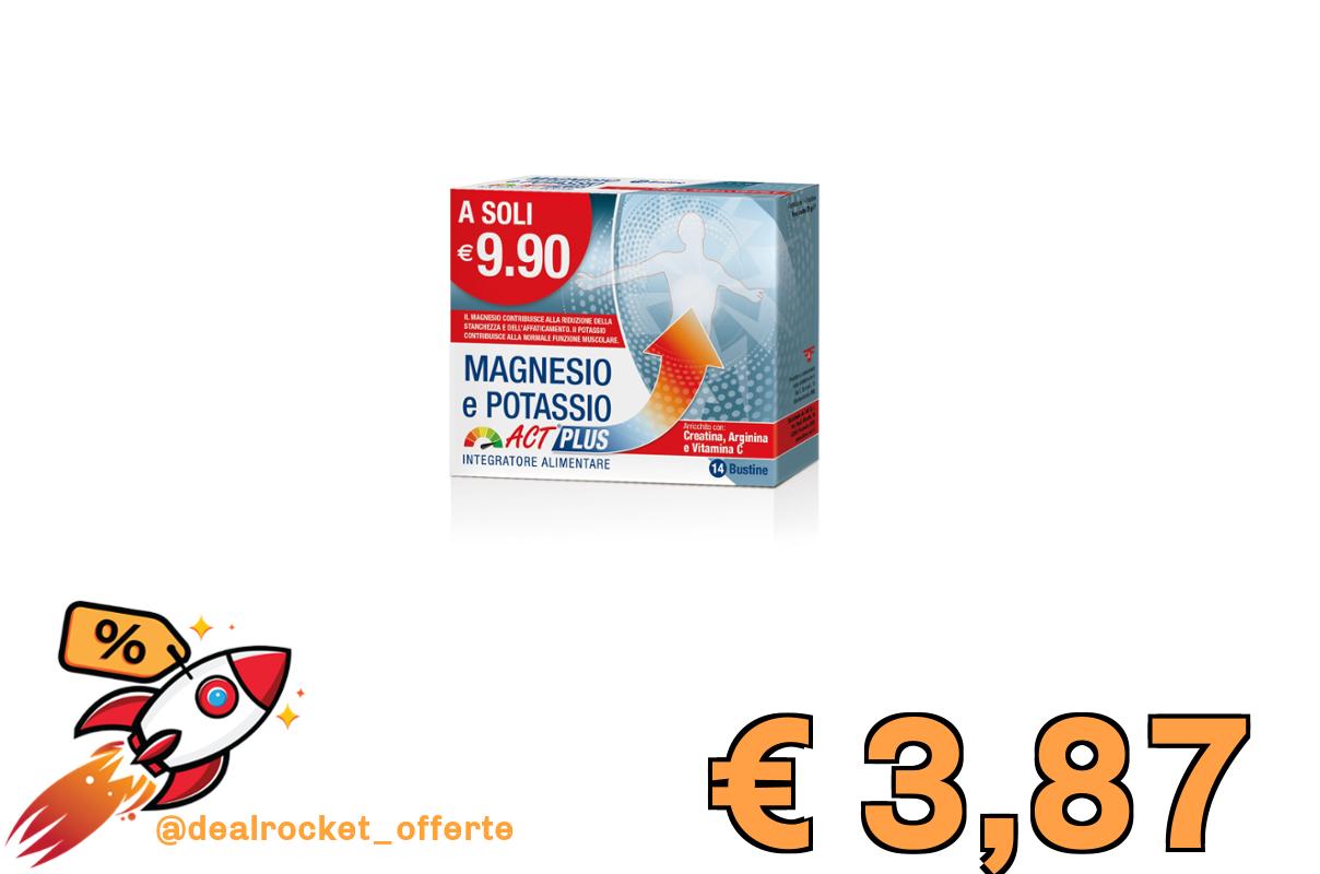 Magnesio Potassio Act Plus, Integratore Alimentare al Gusto Agrumi, a base di Magnesio e Potassio con Creatina, Arginina e Vitamina C - 1 Confezione da 14 bustine