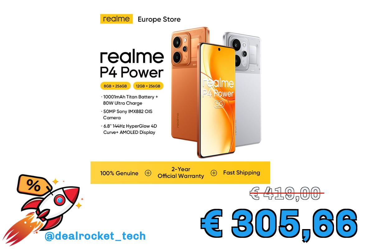 realme P4 Power 5G Smartphone con Batteria da 10001mAh, Ricarica 80W, Display Curvo da 6.8" 144Hz, Chipset Dimensity 7400 Ultra, Fotocamera Sony da 50MP