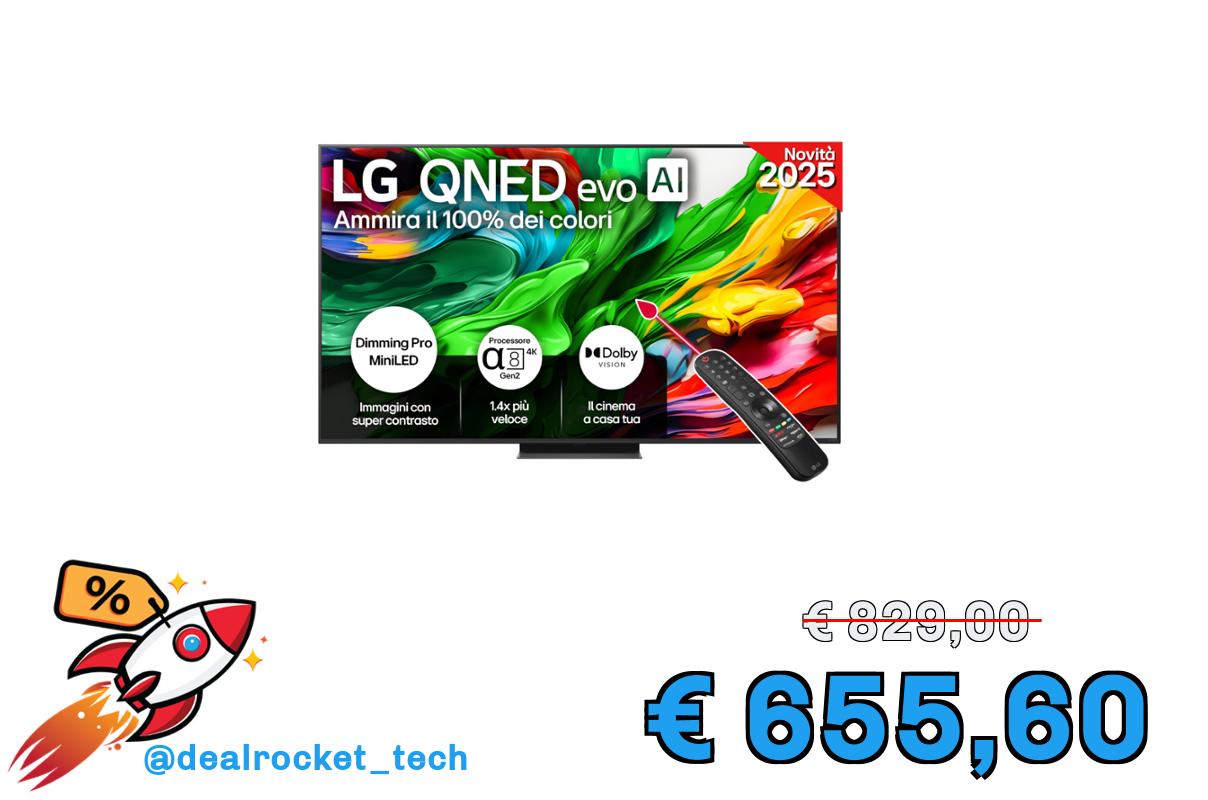 LG QNED evo AI QNED86 TV 65 pollici, Smart TV 4K, Processore α8 Gen2, Dimming Pro con MiniLED, webOS e telecomando puntatore con AI, Dolby Vision, Gaming con VRR e FreeSync 4K@144Hz, 65QNED86A6A 2025