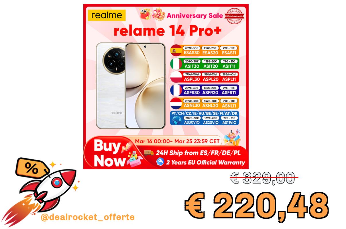 realme 14 Pro Plus 5g Smartphone Versione globale Android Nfc Originale Snapdragon 7S Gen 3 6.83 ” 120Hz Display Oled 50Mp Fotocamera