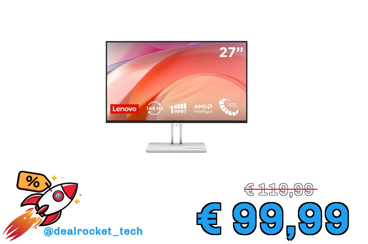Lenovo L27-45 Monitor IPS 27" Full HD, 144Hz, 1ms, Altoparlanti integrati, HDMI e VGA, Ideale per Gaming, Studio e Home Office, VESA 100x100mm, AMD FreeSync, Inclinazione Regolabile