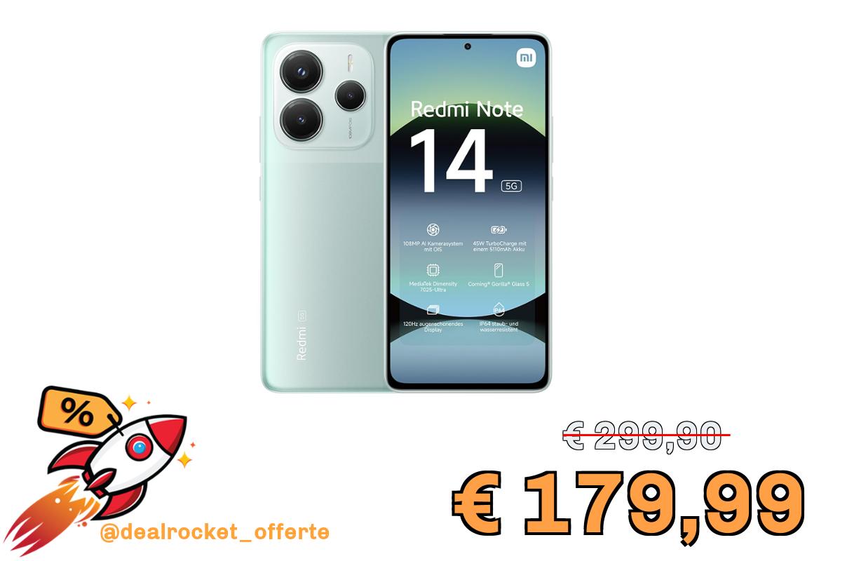 Smartphone Xiaomi Redmi Note 14 5G, 8+256GB, Sistema fotografico AI da 108MP, batteria da 5110mAh, display con tecnologia Eye-Care da 120Hz, funzionalità AI (caricabatterie non incluso), Verde