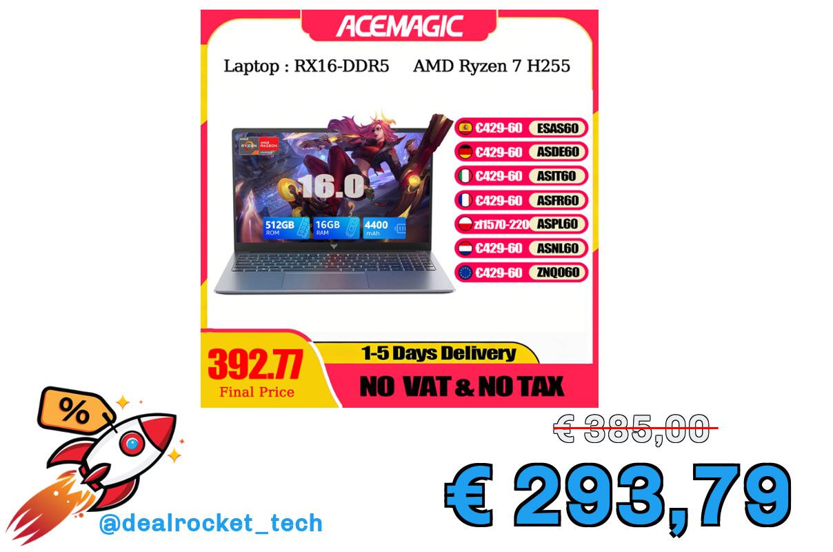 ACEMAGIC Laptop 16“ FHD Gaming Laptop AMD Ryzen 7 7735HS/H255 16GB RAM 512GB SSD Windows 11 Pro Notebook Tastiera retroilluminata Wifi6 BT5.2