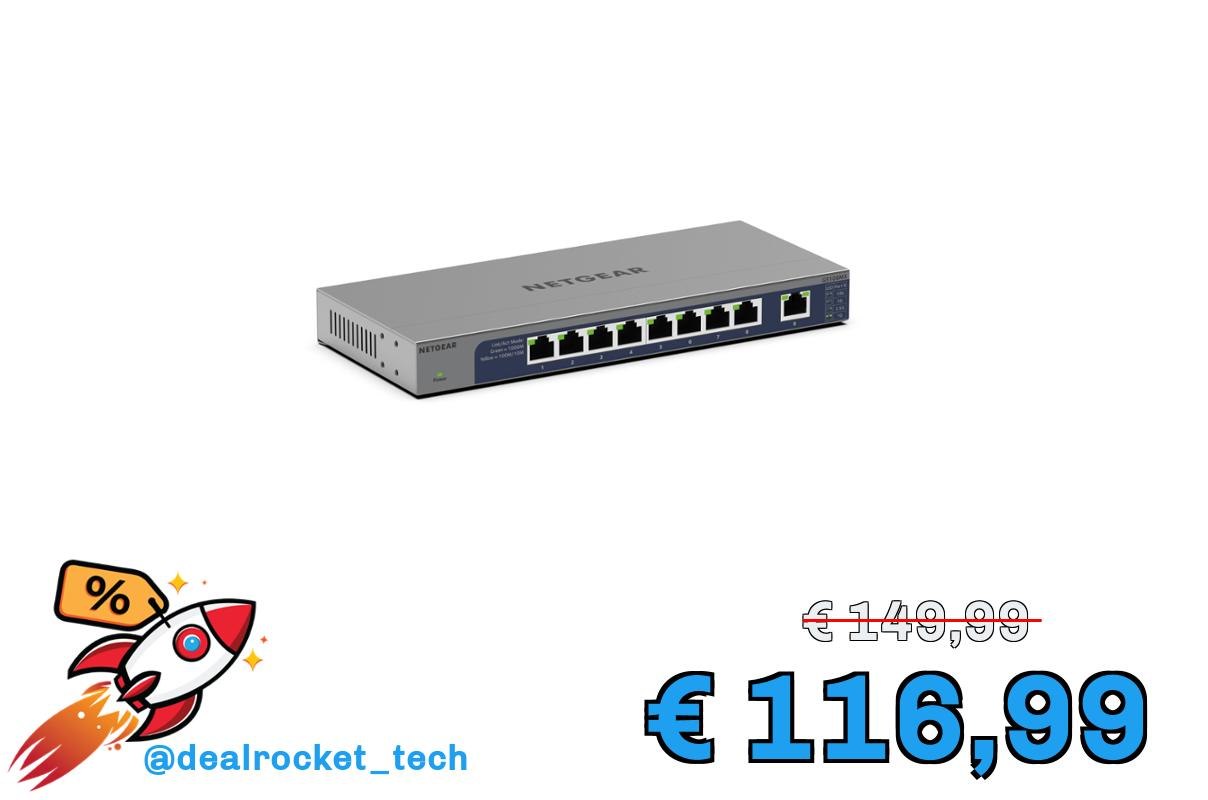 NETGEAR (GS108MX) Switch Ethernet 10 GB, porte Multi-Gigabit 10G, 1 porta SFP+ Multi Gig, protezione Prosafe, garanzia a vita Perfetto per PMI e microimprese, posizionabile su scrivania o rack