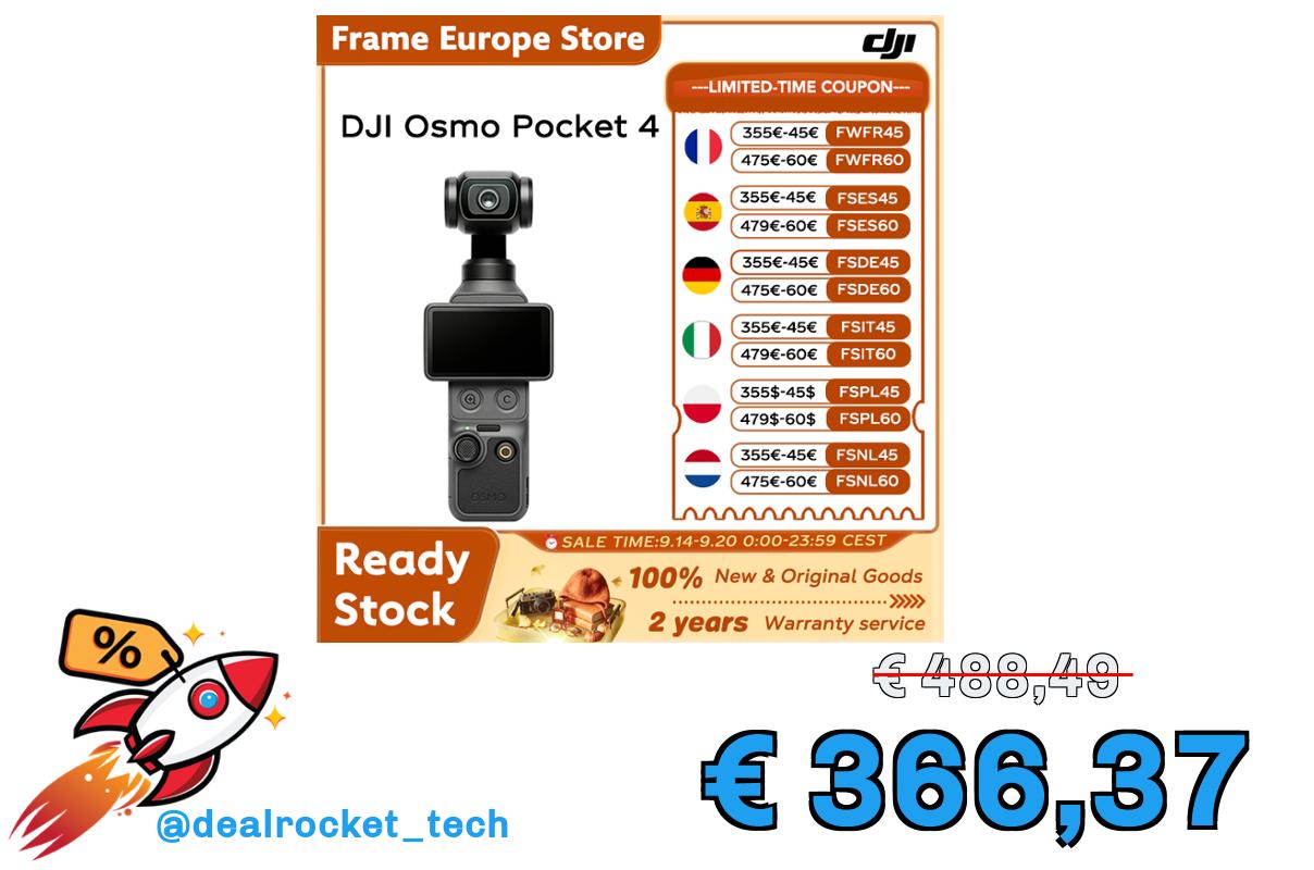 DJI Osmo Pocket 4 – Fotocamera Gimbal Tascabile, Sensore CMOS 1″, 3 Assi, 4K/240fps, Zoom 2x, Local+