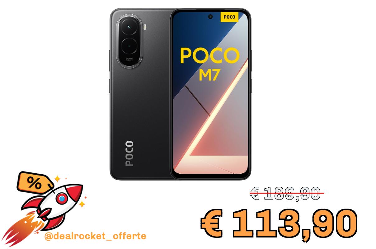 POCO M7, Smartphone 8+256GB, Display FHD+ da 6,9" 144Hz, Snapdragon 685, Doppia fotocamera AI da 50MP, Batteria da 7000mAh, Garanzia di 2 anni, Nero, Caricabatterie non incluso
