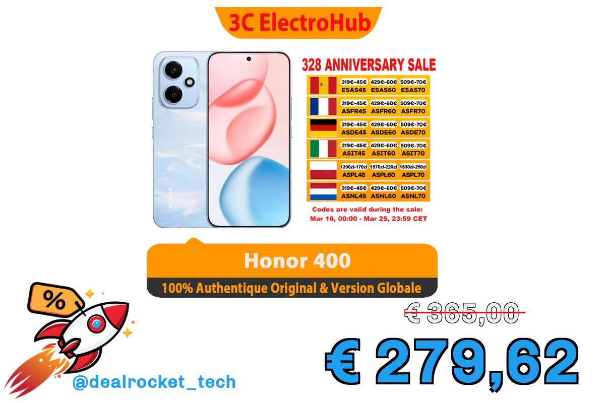 Honor 400-Snapdragon 7 Gen 3, AMOLED 120Hz, 6000 mah, 200MP + 50 MP AI Super Camera, Smartphone da 6,55 pollici