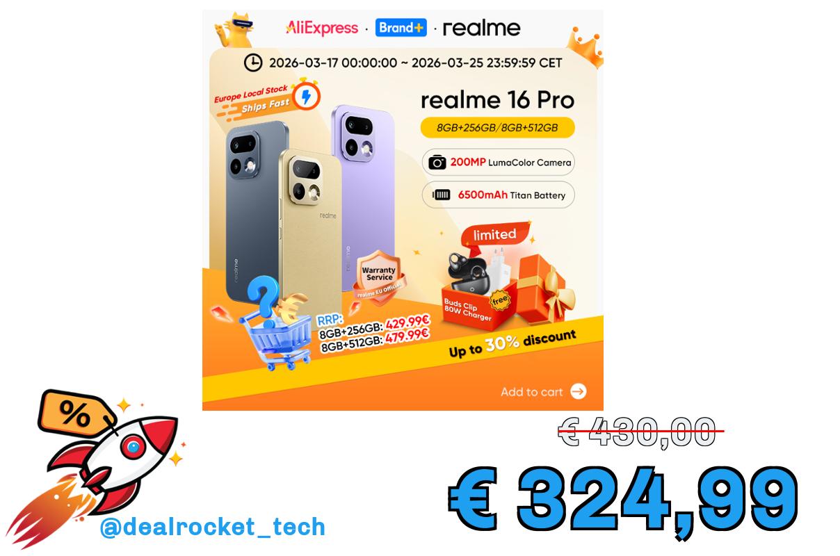 Nuovo lancio versione globale Smartphone realme 16 Pro 5G Fotocamera LumaColor da 200 MP Display AMOLED da 6500 nit Batteria da 6500 mAh Ricarica da 45 W