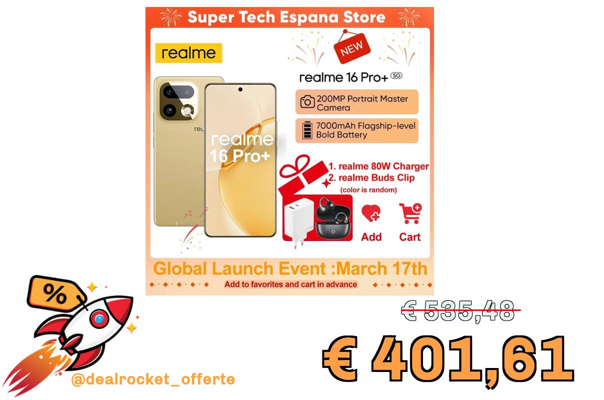 realme 16 Pro Plus 5G – Smartphone Fotocamera 200MP OIS, Snapdragon 7 Gen 4, AMOLED Curvo 6.8" 144Hz, Batteria 7000mAh, IP69K