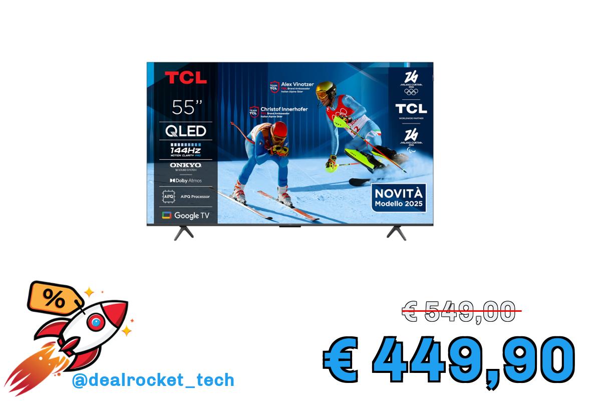 TCL 55T8C TV QLED 4K HDR Ultra HD da 55'', QLED TV con tecnologia Google TV (Dolby Vision e Atmos, Motion Clarity Pro a 144 Hz, FreeSync, audio Onkyo 2.1, compatibile con Google Assistant)