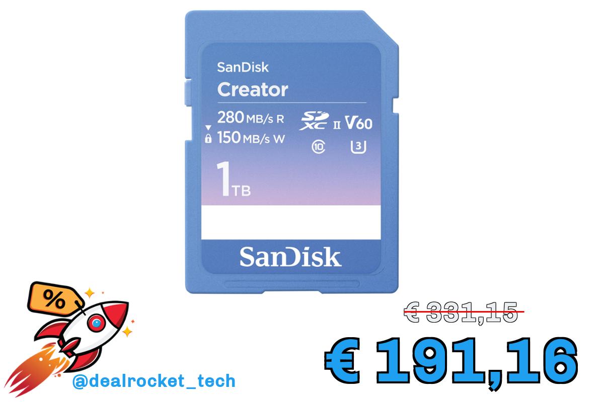 SanDisk Creator Scheda SD UHS-II 1TB (Per DSLR i Fotocamere Mirrorless, 6K i 4K Video, V60, UHS-II, Velocità fino a 280 MB/s, RescuePro Deluxe, Class 10, U3, 1 mese di Adobe Creative Cloud)