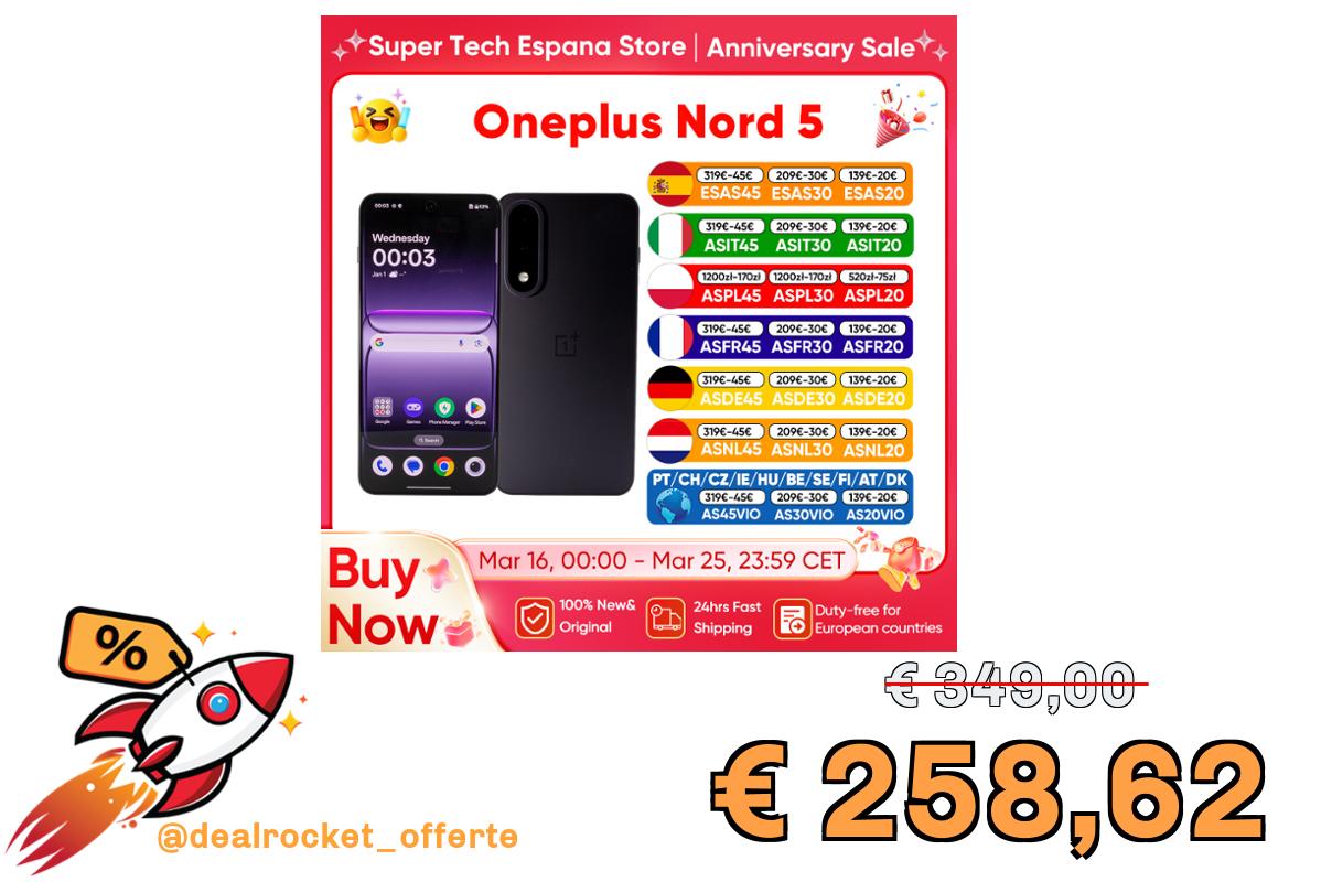 Oneplus Nord 5 5g Smartphone Snapdragon 8S Gen 3 Display Amoled da 6,83″ 144 Hz 5200Mah 80W Supervooc Ricarica 50Mp Doppia fotocamera