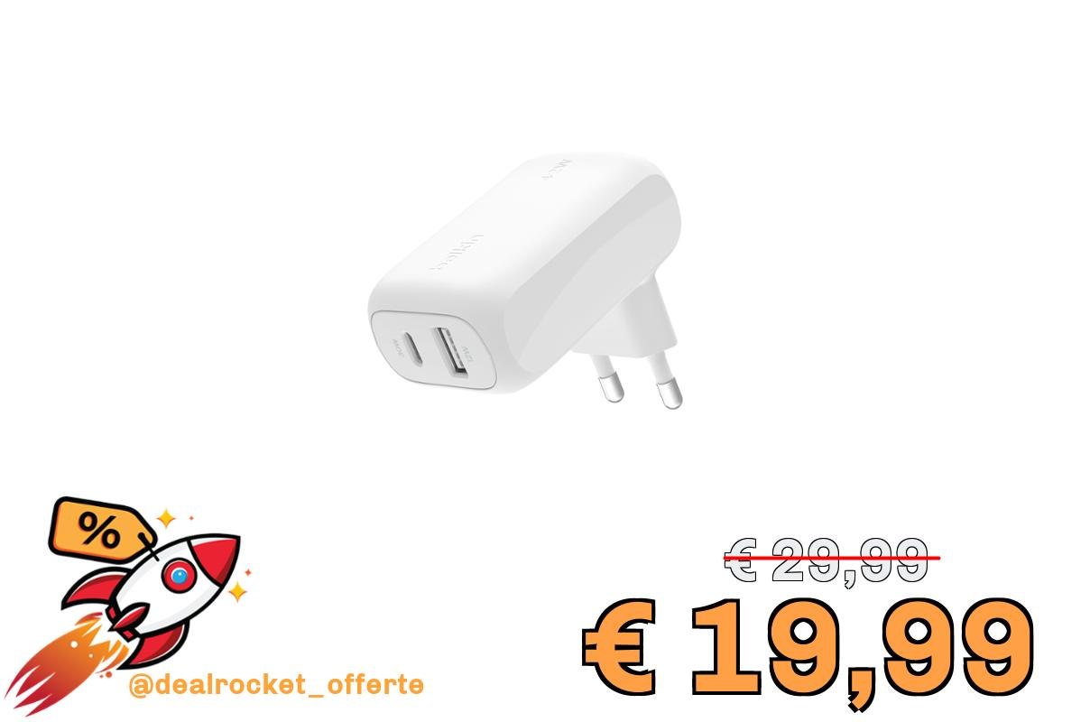 Belkin BoostCharge doppio caricatore usb da parete da 42 W, ricarica rapida USB-C + USB-A per iPhone 16,16 Plus,16 Pro,16 Pro Max,15,15 Pro Max, 14,Galaxy S24, Plus,Ultra,iPad,AirPods e altri, bianco
