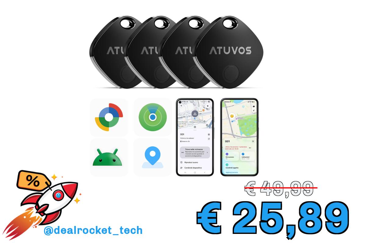 ATUVOS Dual System Air Tag Pro Tracker 4 pezzi Nero, Localizzatore Bluetooth Funziona con Android Google Funzioni Trova o iOS Apple Dov'è APP (Huawei non Supportato), per Bagagli, Borse, Portafoglio.