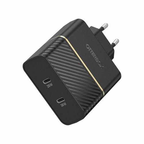 OtterBox EU Caricatore murale Doppia Porta, 50W, USB-C PD 30W GaN + USB-C PD 20W, Carica Fast Charge per Smartphone e Tablet, Resistente a Cadute, Robusto, Ultra Durevole, Nero