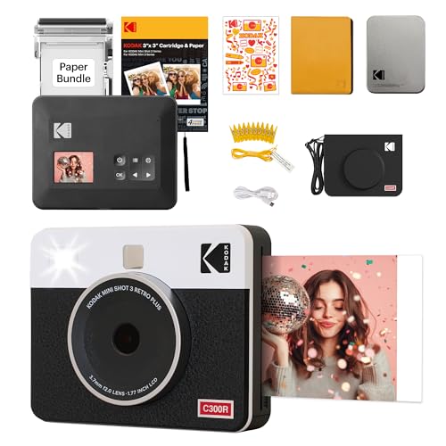KODAK Mini Shot 3 Retro 4PASS 2-in-1 Fotocamera Istantanea & Stampante Fotografica (7,6×7,6cm) + 38 Fogli Accessori Bundle, Bianco