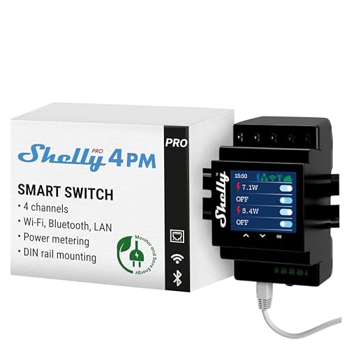 Shelly Pro 4PM, Wi-Fi & LAN Interruttore Intelligente Relé Monofase – 4 Canali, 40А, Monitora il Consumo di Energia, Controllo Remoto e Automazione, per Guida DIN, Nessun Hub Richiesto, Alexa Google