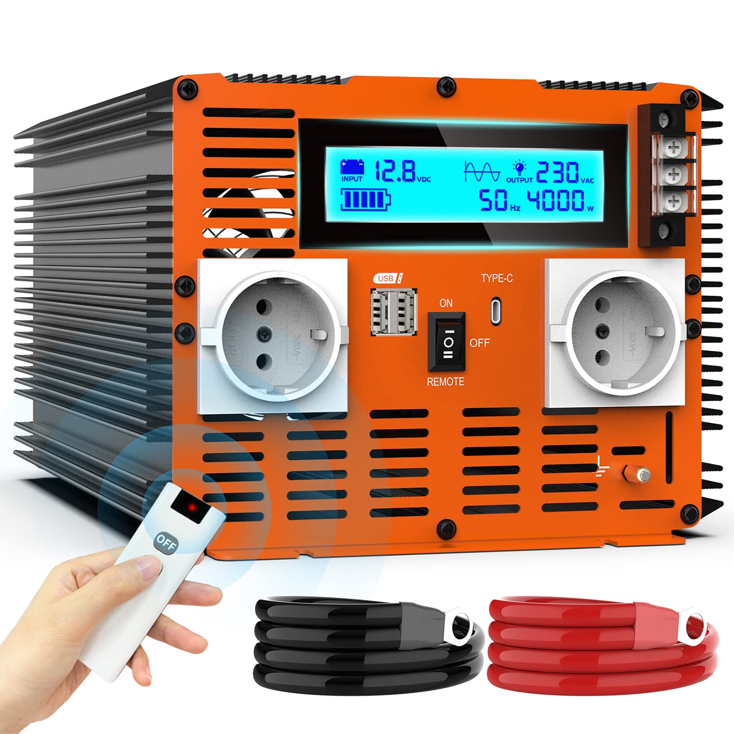Inverter 12v 220v Onda Pura 4000W Invertitore di Potenza 12V a 220V Convertitore di Alimentazione con Telecomandoler & prese AC Doppie & 2x USB &Porta di Tipo-C per Car Camper