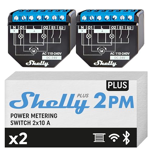 Shelly Plus 2PM, Relé WiFi & Bluetooth 2 canali, Ideale per Tende/Persiane/Tapparelle o due punti luce separati, No Hub Richiesto, integrazioni smart con Google e Alexa, Monitoraggio consumi, 2 pezzi