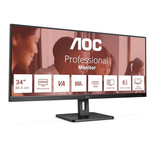 AOC U34E2M – Monitor WQHD da 34 pollici, 100 Hz, 4 ms, sincronizzazione adattiva (3440×1440, HDMI, DisplayPort), colore nero