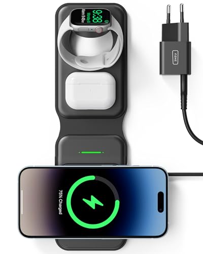 INIU Caricatore Wireless iPhone, Magnetic 3 in 1 Base Ricarica Certificato Qi, Da viaggio Caricabatterie Wireless Universale per iPhone 16 15 14 13 12 Apple Watch 8 7 Ultra AirPods 4 3 Pro ecc.
