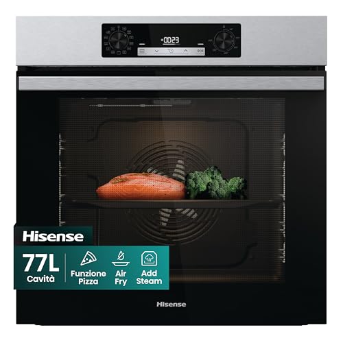 Hisense O65226AXS Forno Elettrico da Incasso Multifunzione con Vapore, Cavità 77 litri, 11 Funzioni di Cottura, Pizza 300°C, AirFry, Steam Clean, Preriscaldamento Rapido, Classe A, Inox Anti-impronta