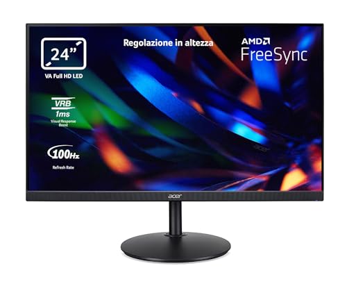 acer CBA242YHbirf Monitor PC 24″, Display VA Full HD, 100 Hz, 1 ms (VRB), 16:9, FreeSync, VGA, HDMI (1.4), Lum 250 cd/m2, Schermo PC, ZeroFrame, Regolazione in Altezza, Cavo HDMI Incluso, Nero