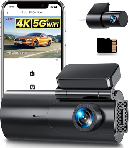 GKU Dash Cam Auto 4K+1080P, 5GHz WiFi Telecamera per Auto con Scheda SD 64G, Dashcam Auto 170° Grandangolo,Super Visione Notturna,WDR,G-Sensor