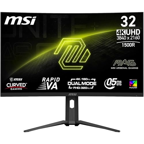 MSI MAG 321CUPDF Monitor Curvo Gaming 32″ UHD – Pannello Rapid VA 1500R 3840 x 2160, Modalità Doppia / 0,5ms (GtG, Min.), Adaptive Sync – DP 1.4a, HDMI 2.1 CEC, USB Type-C (DP alternativo con 15W PD)