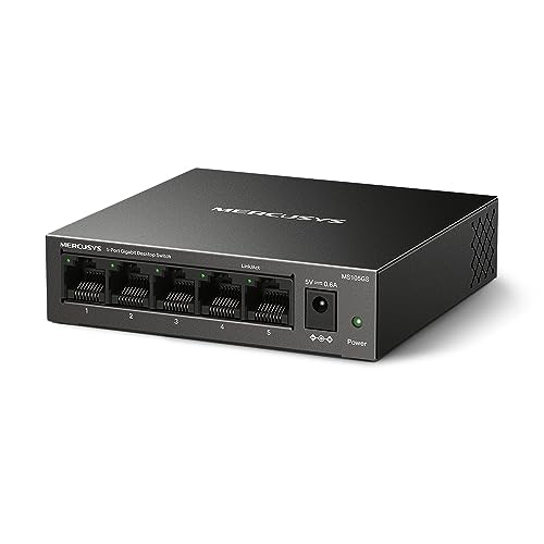 TP-Link Mercusys MS105GS Switch Ethernet 5 Porte Gigabit, Sdoppiatore Ethernet, Switch Gigabit per la Casa e l’Ufficio, Plug e Play, Montaggio Desktop, Cassa in Metallo, Durevole e Silenzioso