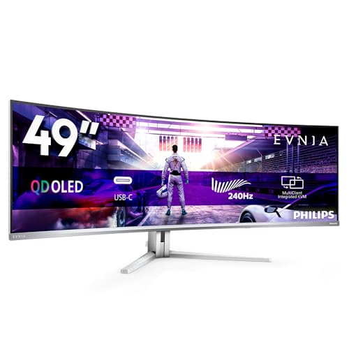 Philips Monitor 49M2C8900 48.9″ Curvo 5120×1440, DQHD, 240Hz, QD-OLED Panel, 0.03ms GtG, USB-C Speakers (HDMI2x 2.1 DP 1x 1.4) Adaptive Sync, HDR400 TrueBlack, FreeSync Prem. Pro, G-Sync Comp, Argento